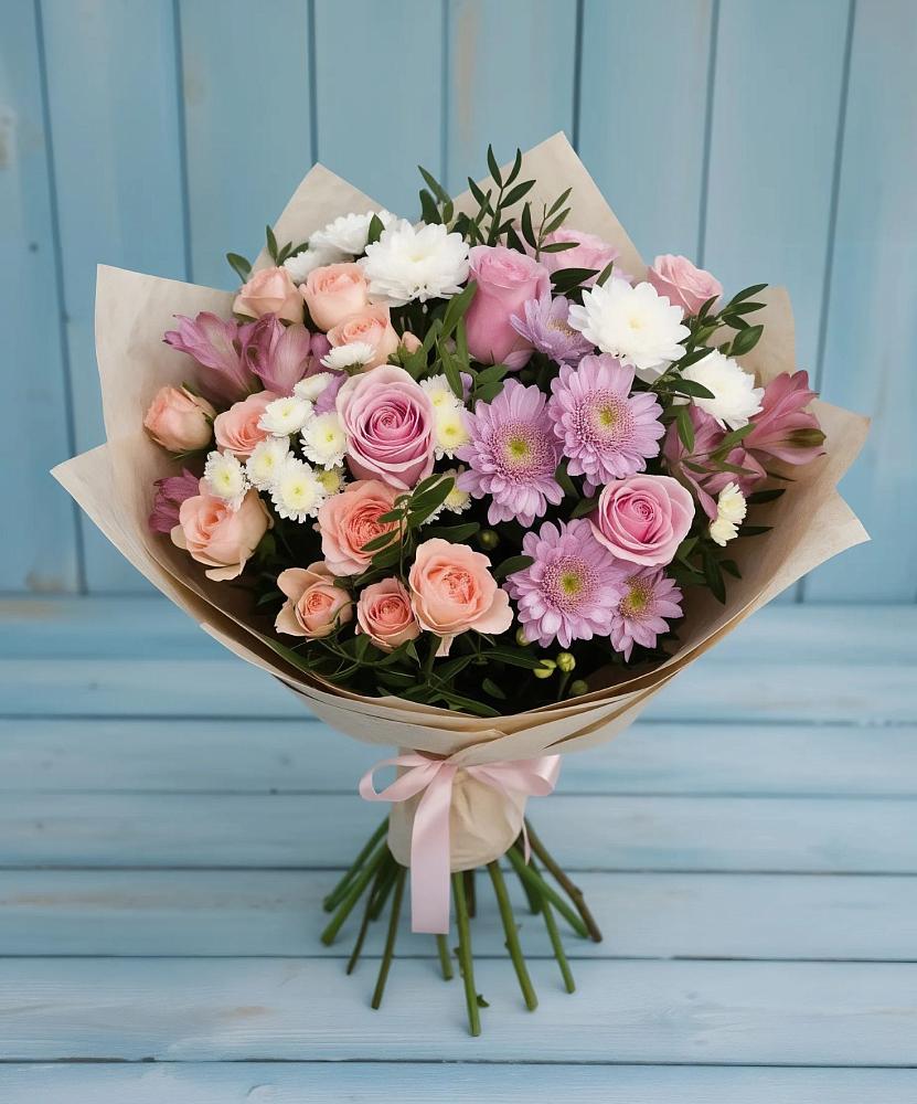 Букет цветов из: Хризантемы, Розы и Альстромерии в Малке