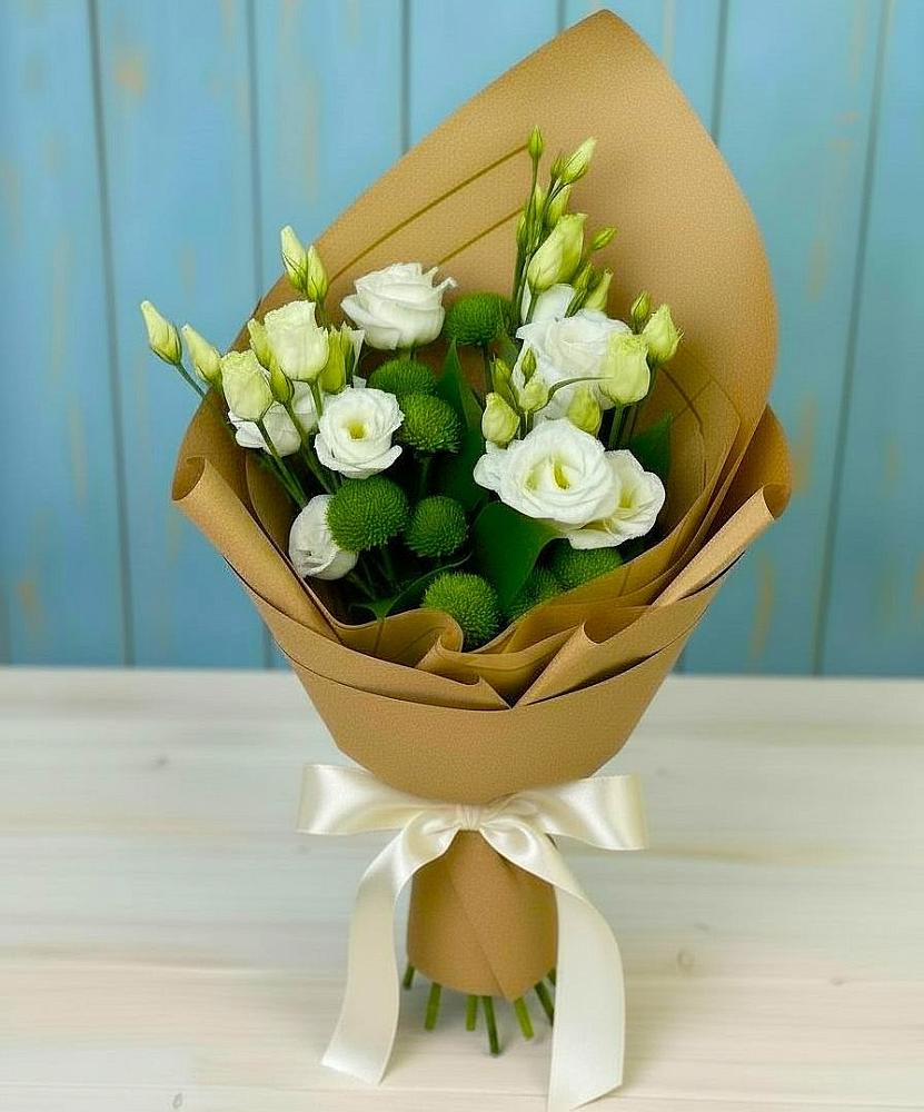 Букет цветов из: Хризантемы и Лизиантусы в Малке