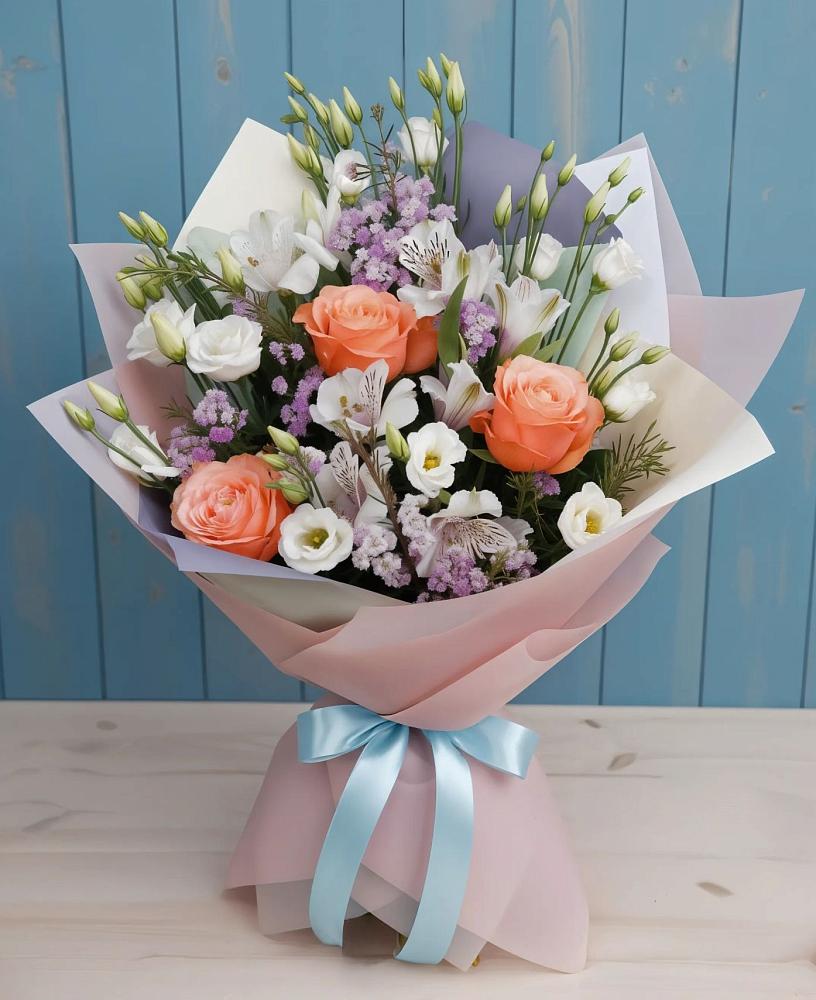Букет цветов из: Лизиантусы, Розы, Альстромерии и Гипсофила в Малке
