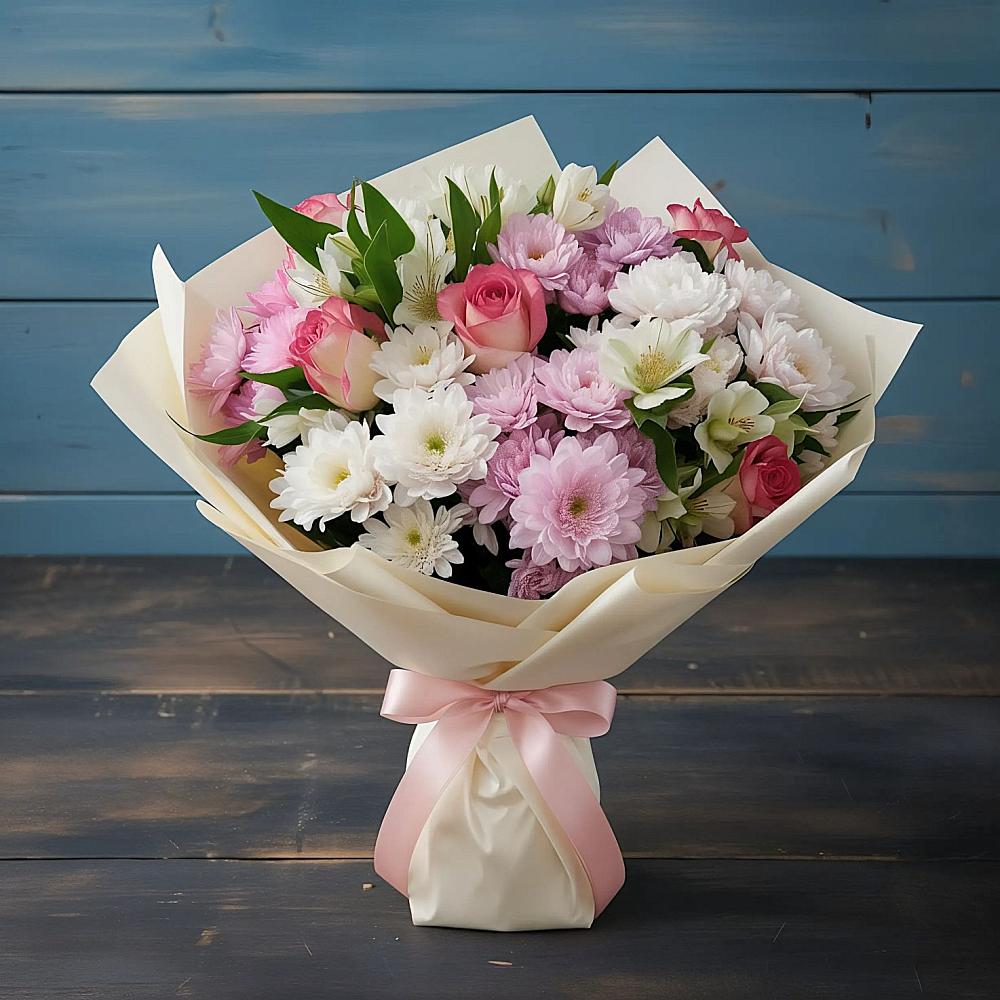 Букет цветов из: Хризантемы, Альстромерии и Розы в Малке